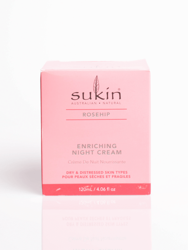 Sukin Rosehip Nachtcreme in rosafarbener Verpackung, 120 ml, für trockene und empfindliche Haut