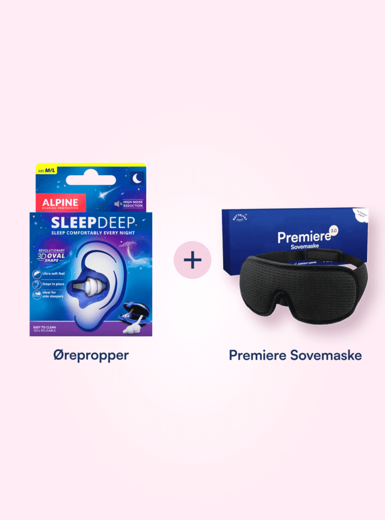 Set aus Alpine SleepDeep Ohrstöpseln und schwarzer Premiere Schlafmaske auf rosa Hintergrund