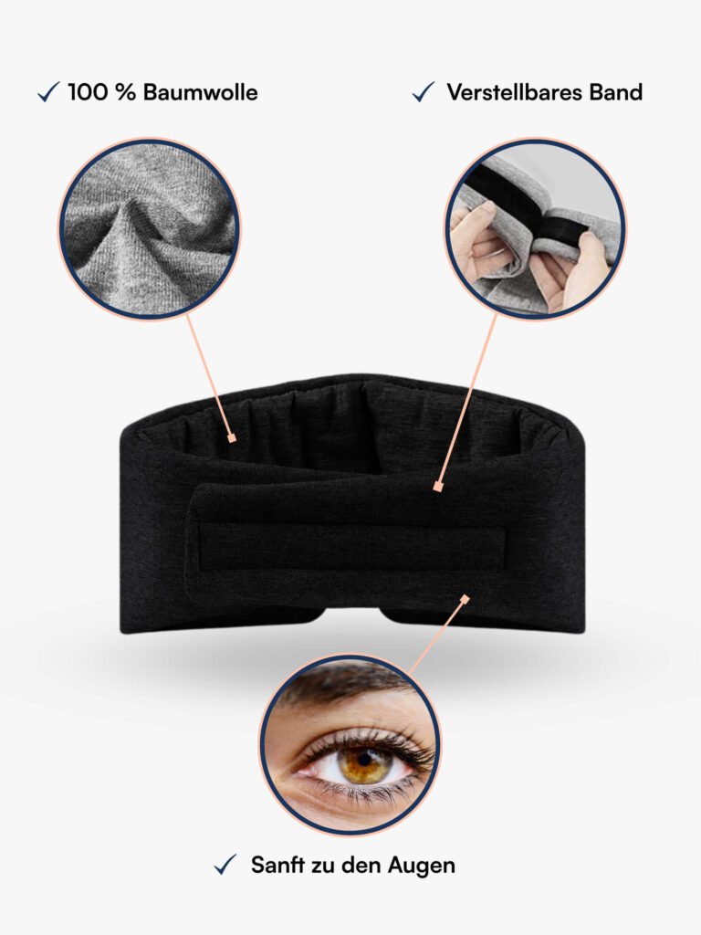 Schwarze Schlafmaske aus 100% Baumwolle mit verstellbarem Band, gepolstert und sanft zu den Augen