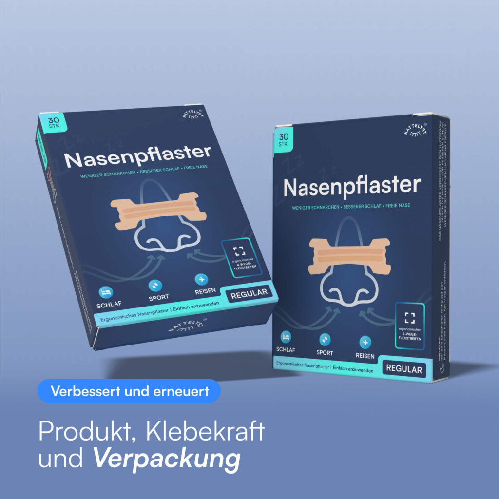 Zwei dunkelblaue Nasenpflaster-Packungen mit Nasengrafik, beige Pflaster und Hinweis 30 Stk., Regular