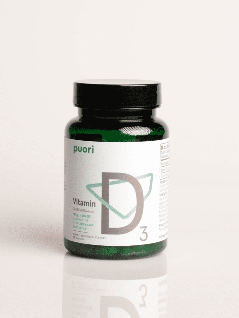 Puori Vitamin D3 Nahrungsergänzung, grüne Glasflasche mit weißem Etikett und schwarzem Deckel