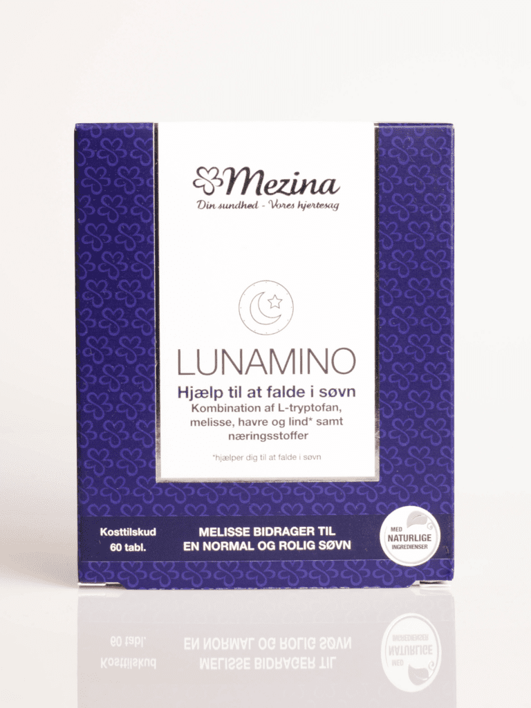 Mezina Lunamino Nahrungsergänzung für den Schlaf in violetter Verpackung mit Melisse und L-Tryptophan, 60 Tabletten