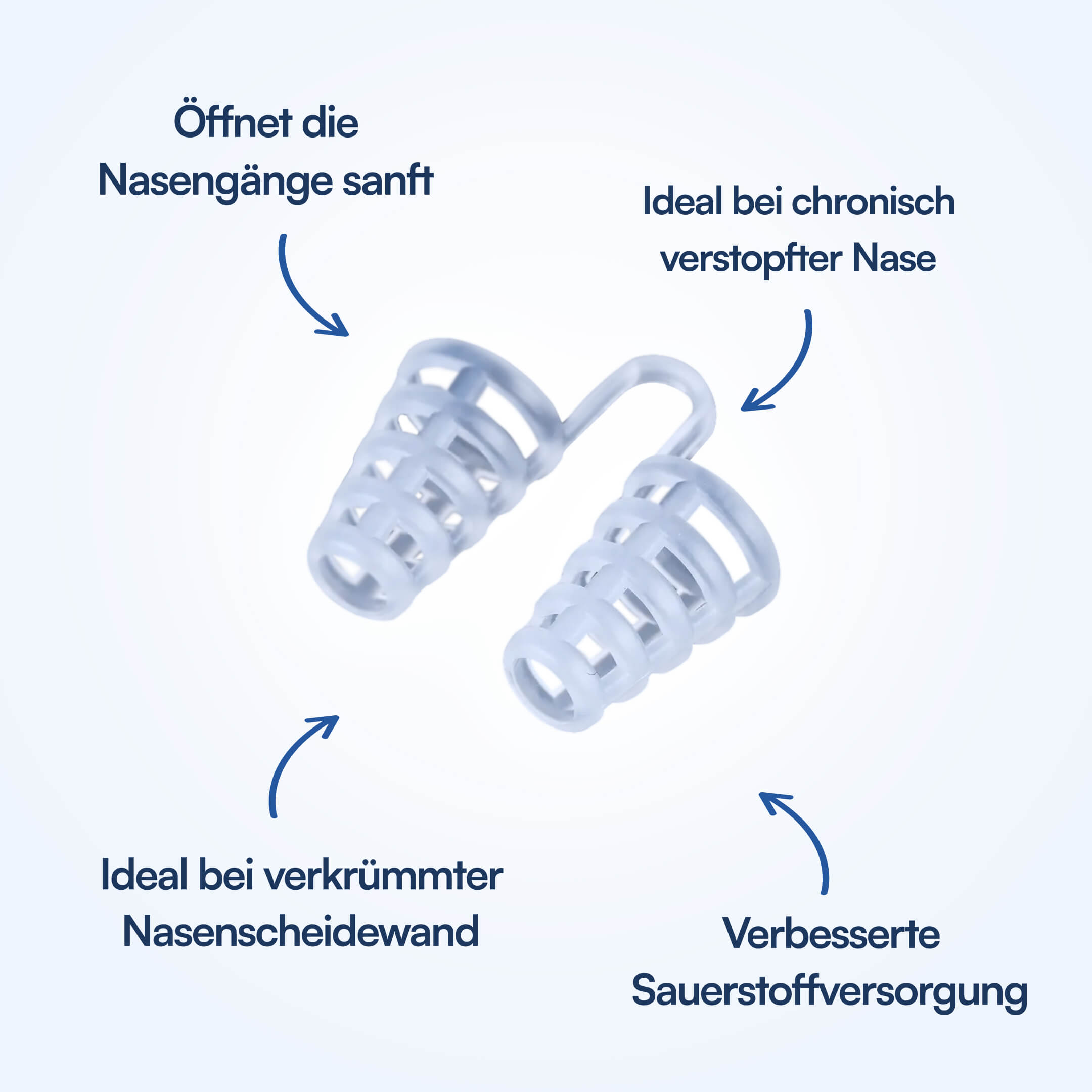 Zwei hellblaue spiralförmige Nasendilatatoren, Pfeile zeigen Öffnung der Nasengänge und bessere Sauerstoffversorgung