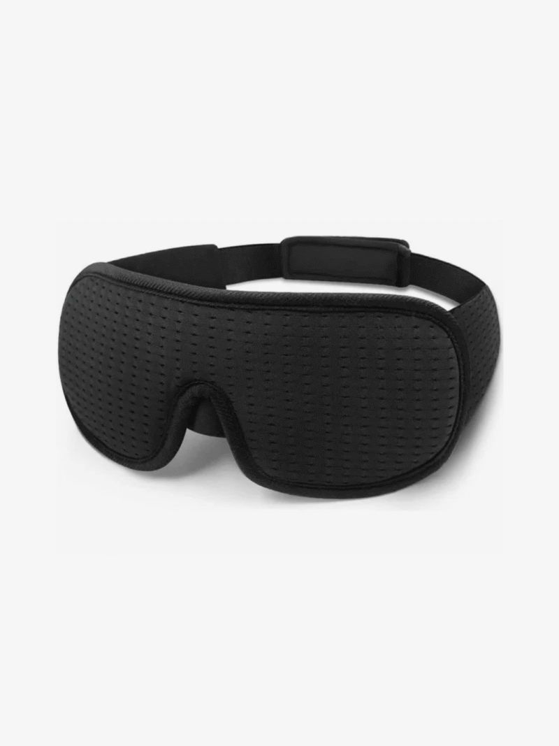 Schwarze gepolsterte Schlafmaske mit Nasenaussparung, verstellbarem Gummiband und atmungsaktivem, perforiertem Material