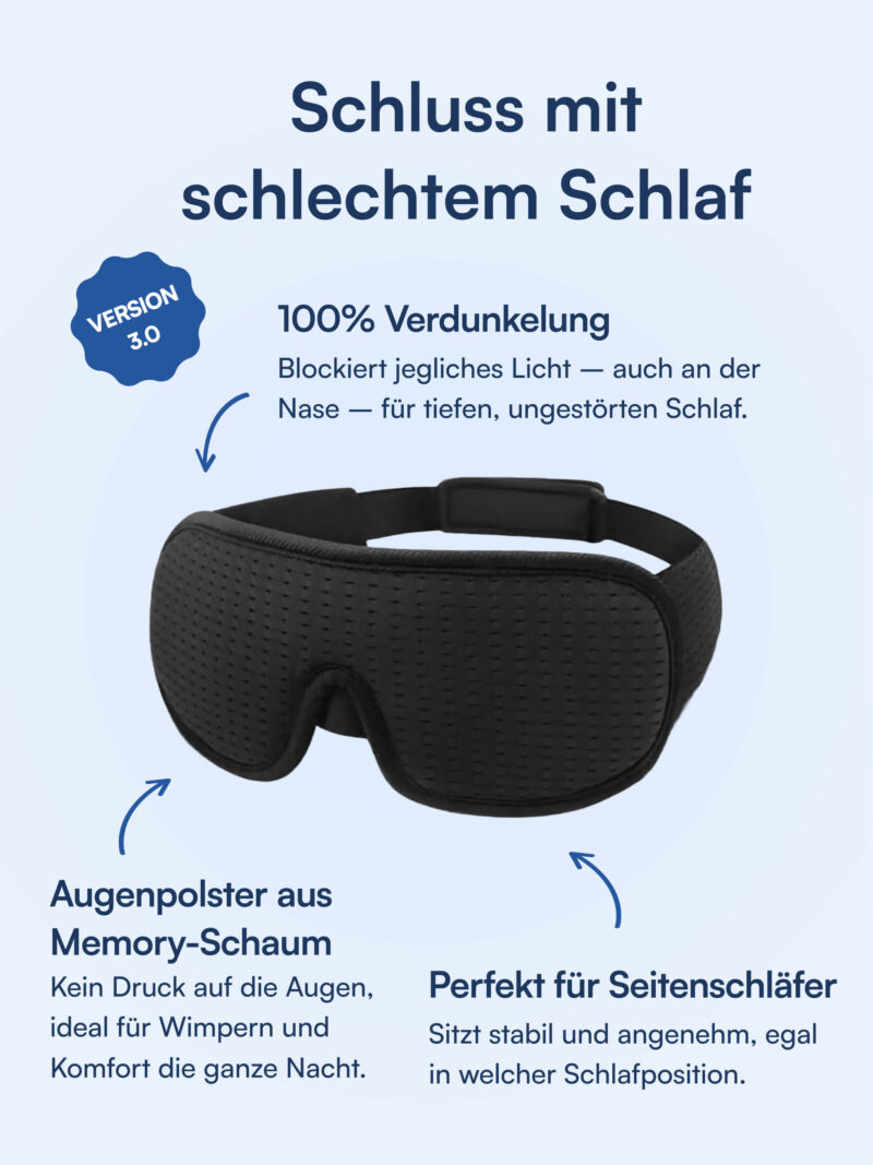 Schwarze Schlafmaske mit Memory-Schaum-Polstern, Nasenabdichtung und verstellbarem Band für 100% Verdunkelung