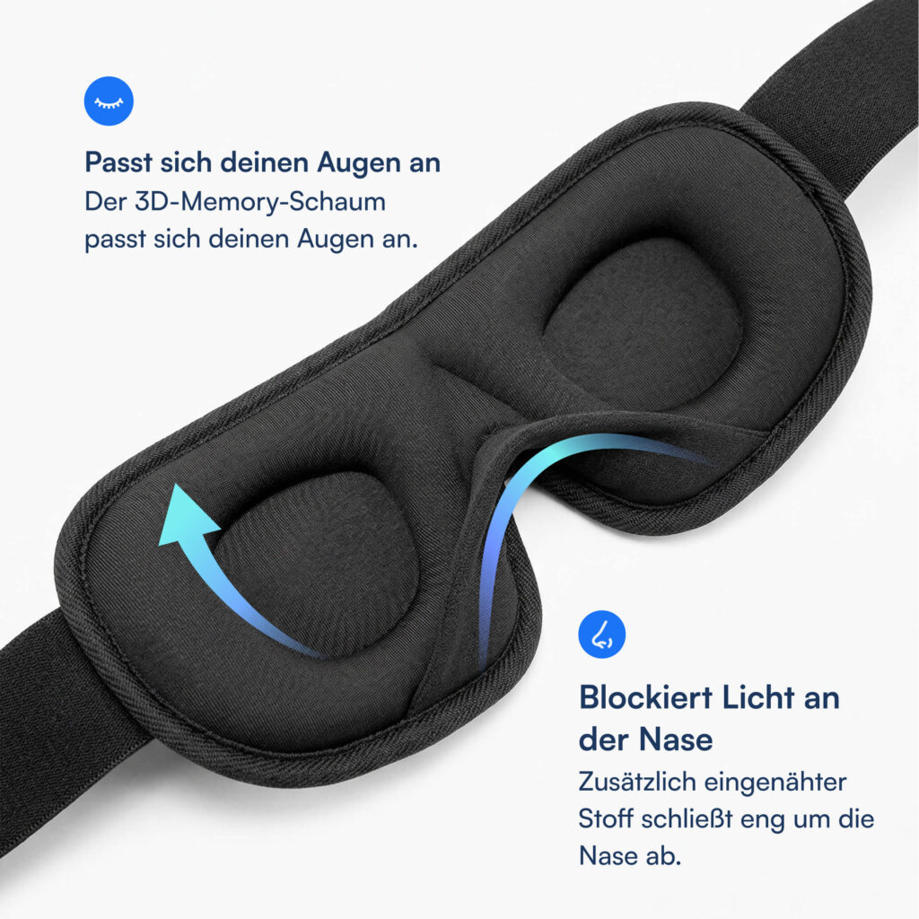 Schwarze 3D-Memory-Schaum Schlafmaske mit konturierten Augenmulden und verstellbarem Gummiband