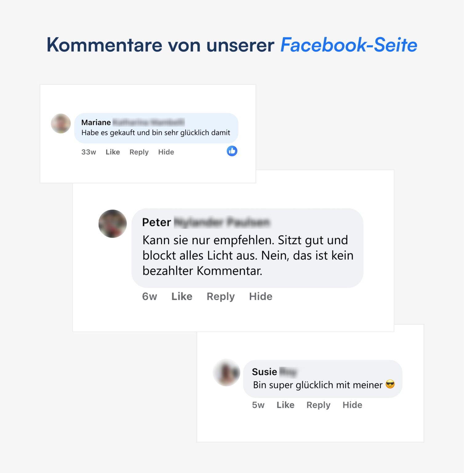 Überschrift Kommentare von unserer Facebook-Seite und mehrere positive Nutzerkommentare mit Profilbildern