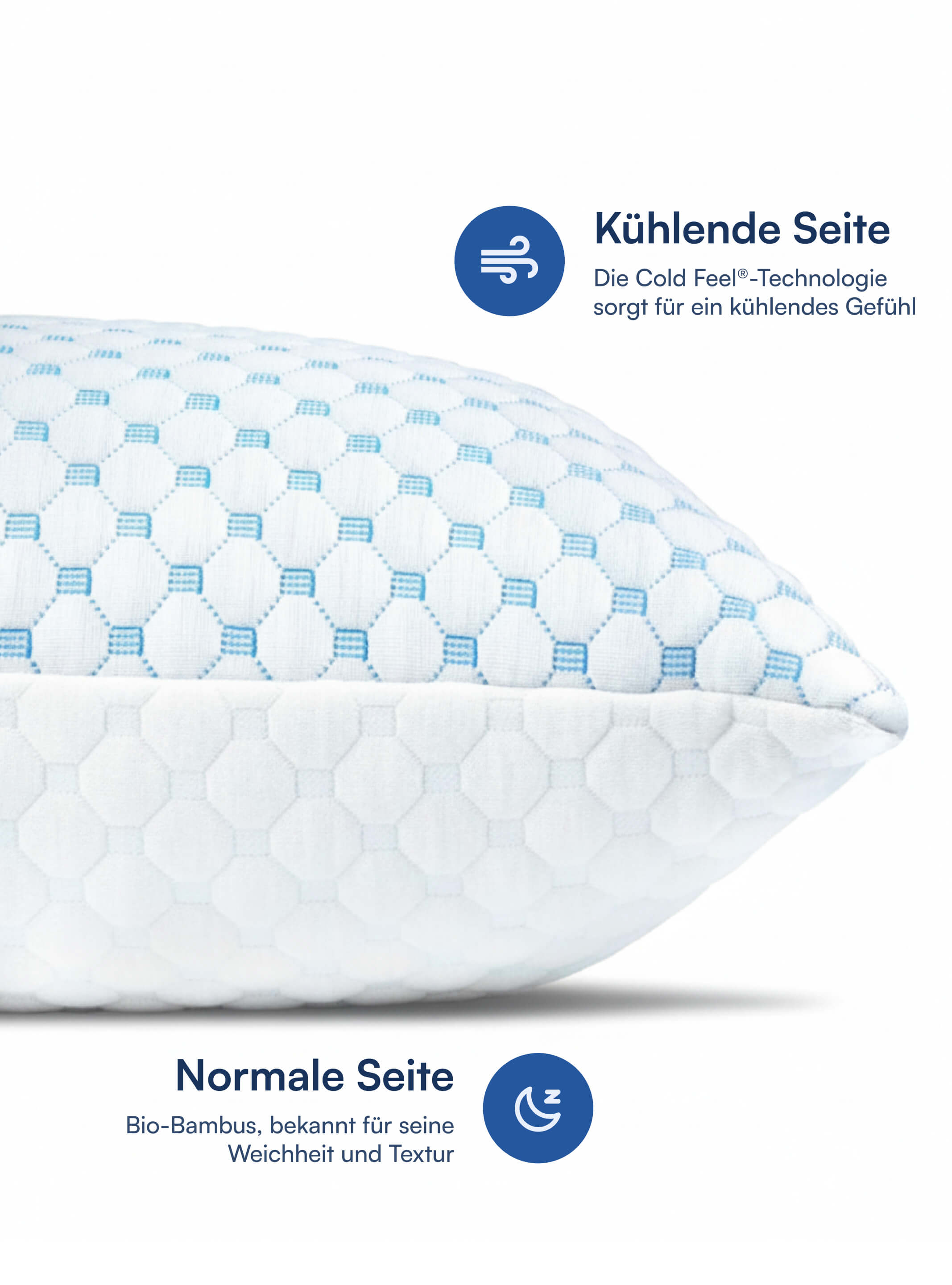 Kissen mit kühlender Cold Feel®-Seite (Luftsymbol) und normaler Bio‑Bambus-Seite in weiß-blauem Wabenmuster