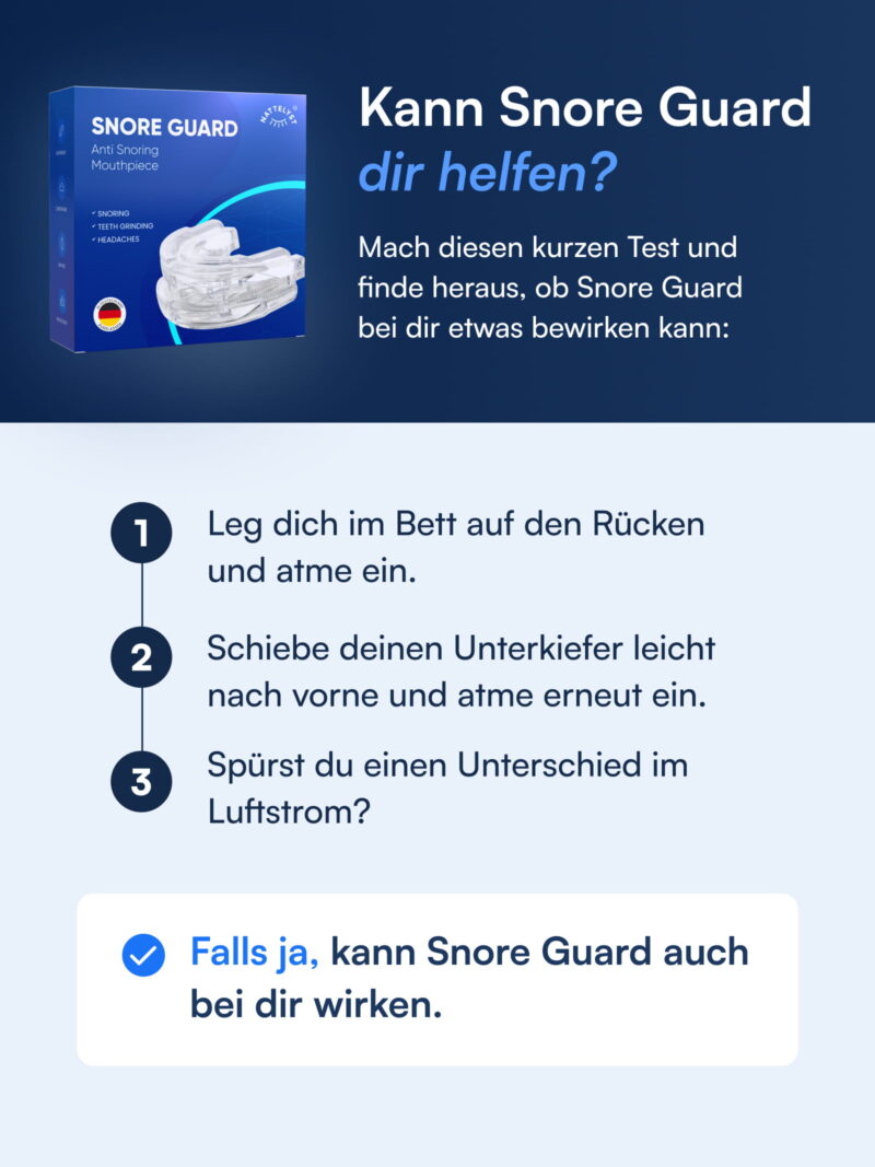 Snore Guard Verpackung mit durchsichtigem Mundstück und kurzer Anleitung mit drei Schritten, um Atemfluss und Wirkung zu test