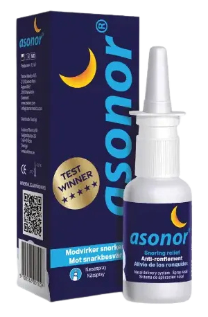 Asonor Nasenspray zur Linderung von Schnarchen, weiße Flasche mit dunkelblauer Verpackung und gelbem Halbmond