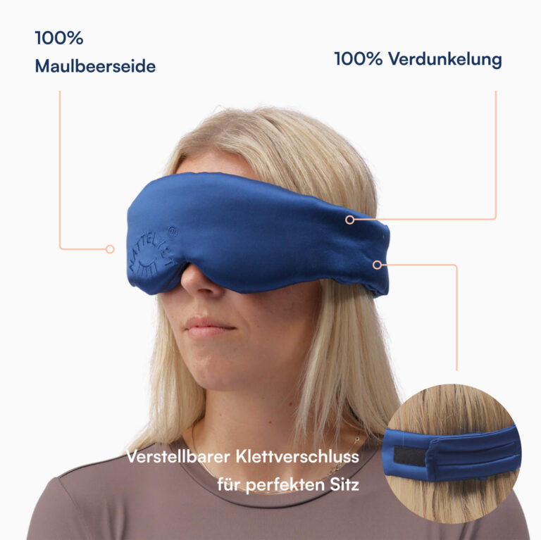Blaue Schlafmaske aus 100% Maulbeerseide, 100% Verdunkelung und verstellbarem Klettverschluss