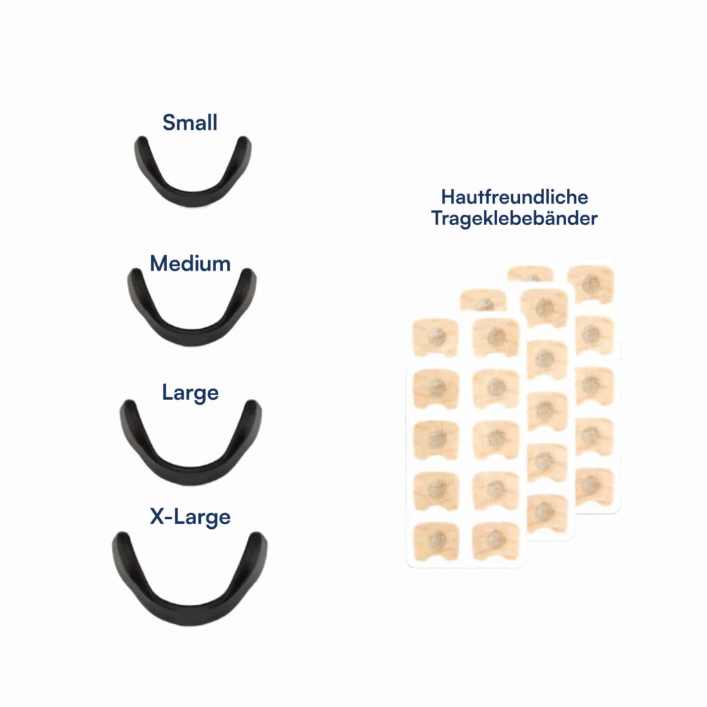U‑förmige schwarze Nasenhalter in vier Größen (Small–X‑Large) links, rechts hautfreundliche Trageklebebänder