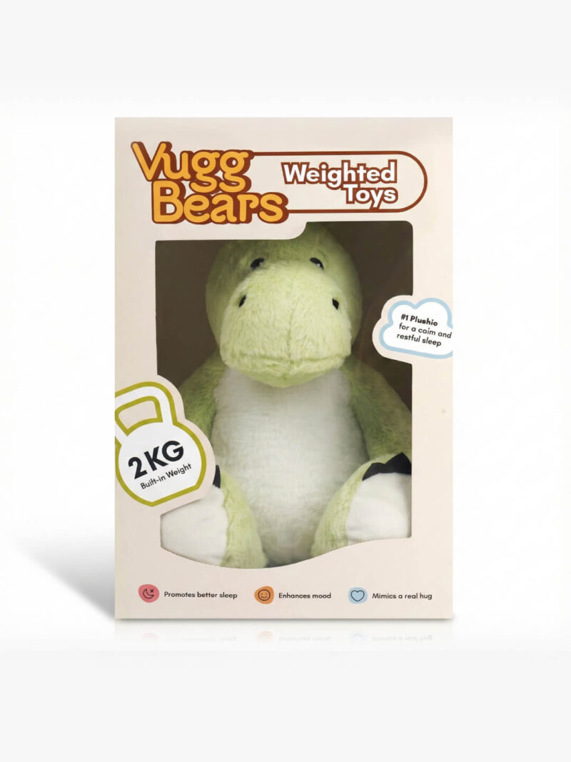 Vugg Bears gewichtetes Kuscheltier – grüner Dinosaurier in der Verpackung mit 2 kg integriertem Gewicht für besseren Schlaf