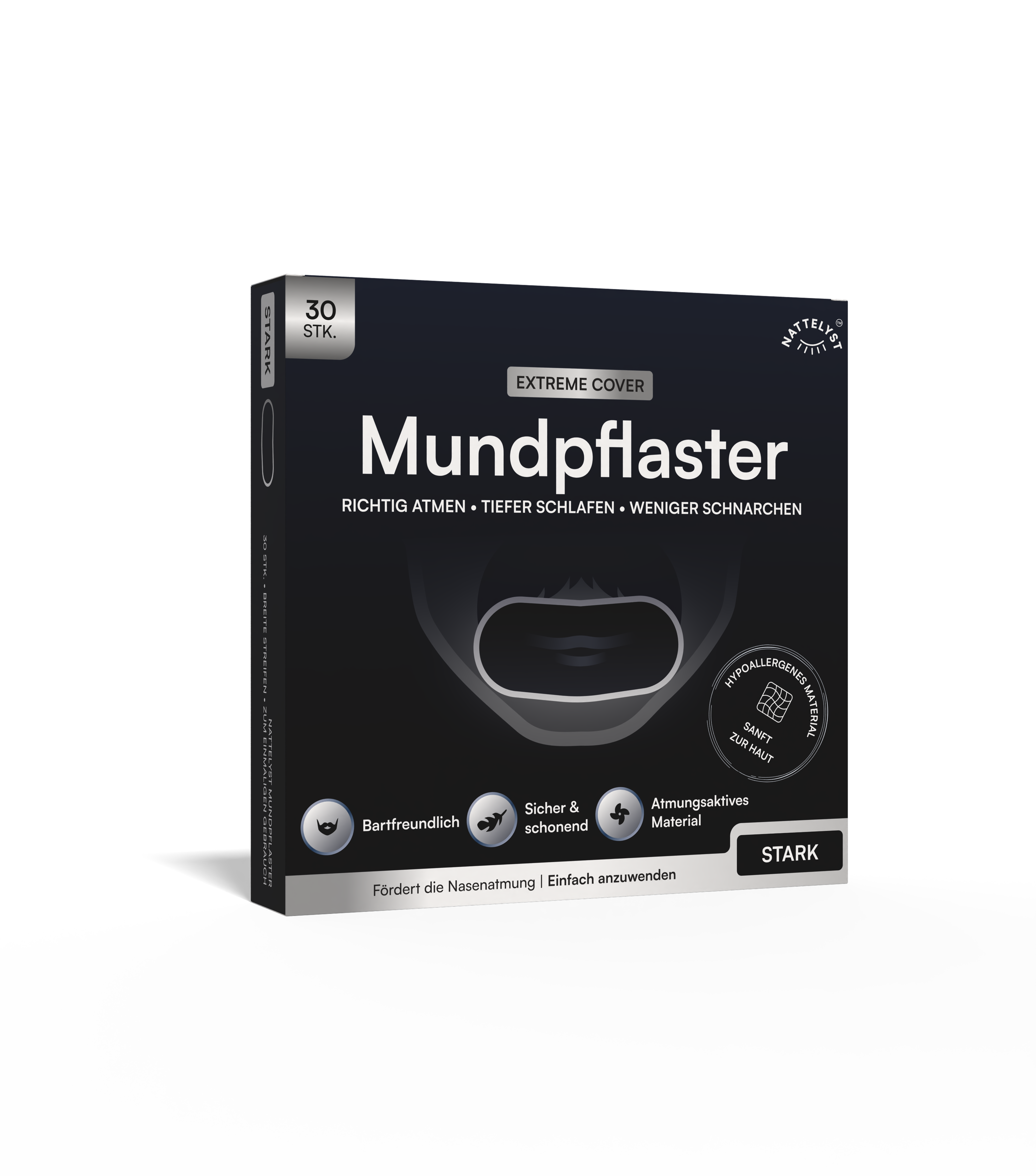Schwarze Verpackung mit Mundpflastern (30 Stk.), fördert Nasenatmung, tieferen Schlaf und weniger Schnarchen