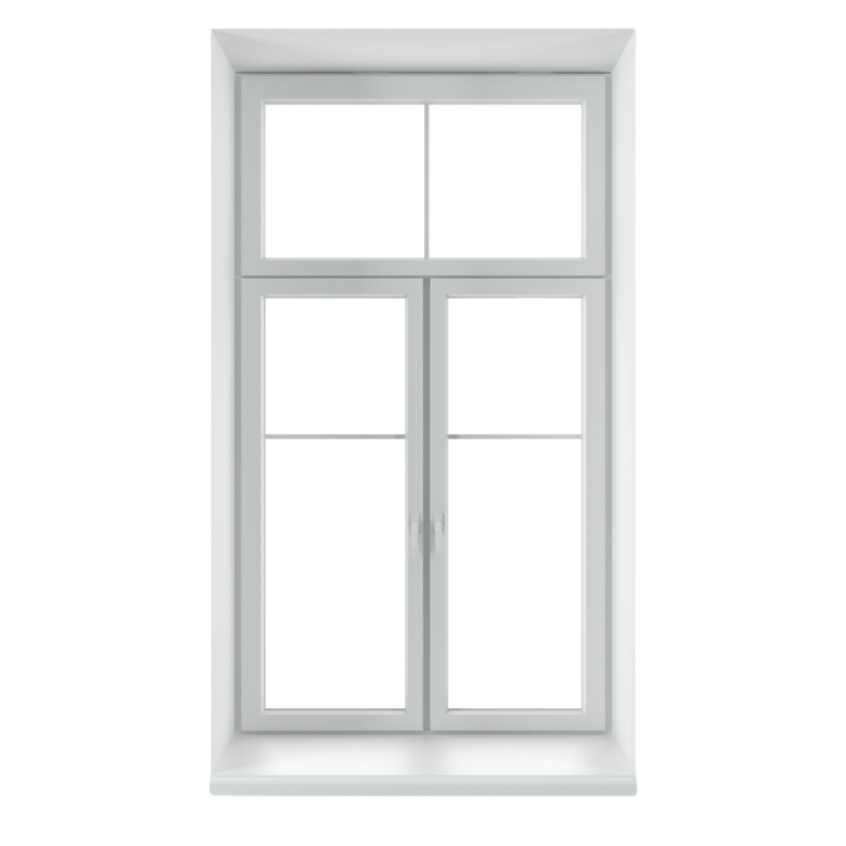 Hohes weißes Fenster mit vier geteilten Scheiben, Doppelflügel und Fensterbank