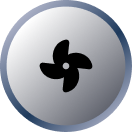 Runde silberne Scheibe mit schwarzem dreiblättrigem Propeller-Symbol in der Mitte