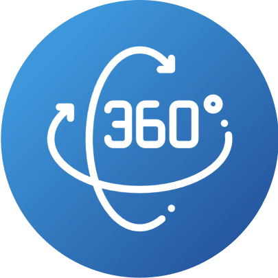 Blaues Kreis-Symbol mit weißer 360°-Beschriftung und umlaufenden Pfeilen
