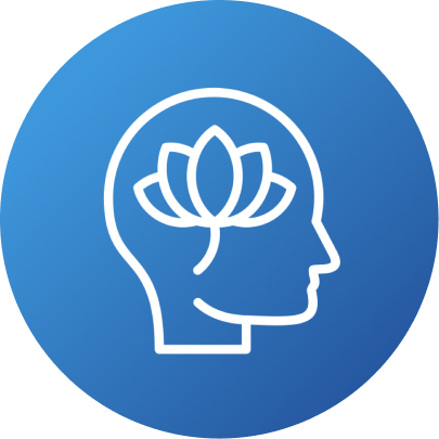 Rundes blaues Icon mit Profilkopf und Lotusblüte im Inneren, Symbol für Achtsamkeit und mentale Gesundheit